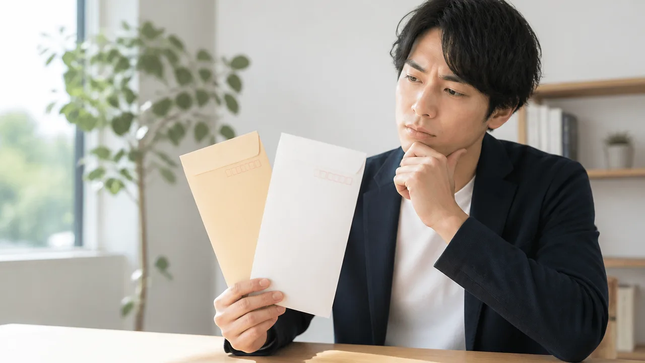 二つの封筒を手に、送り方を考える人のイメージ