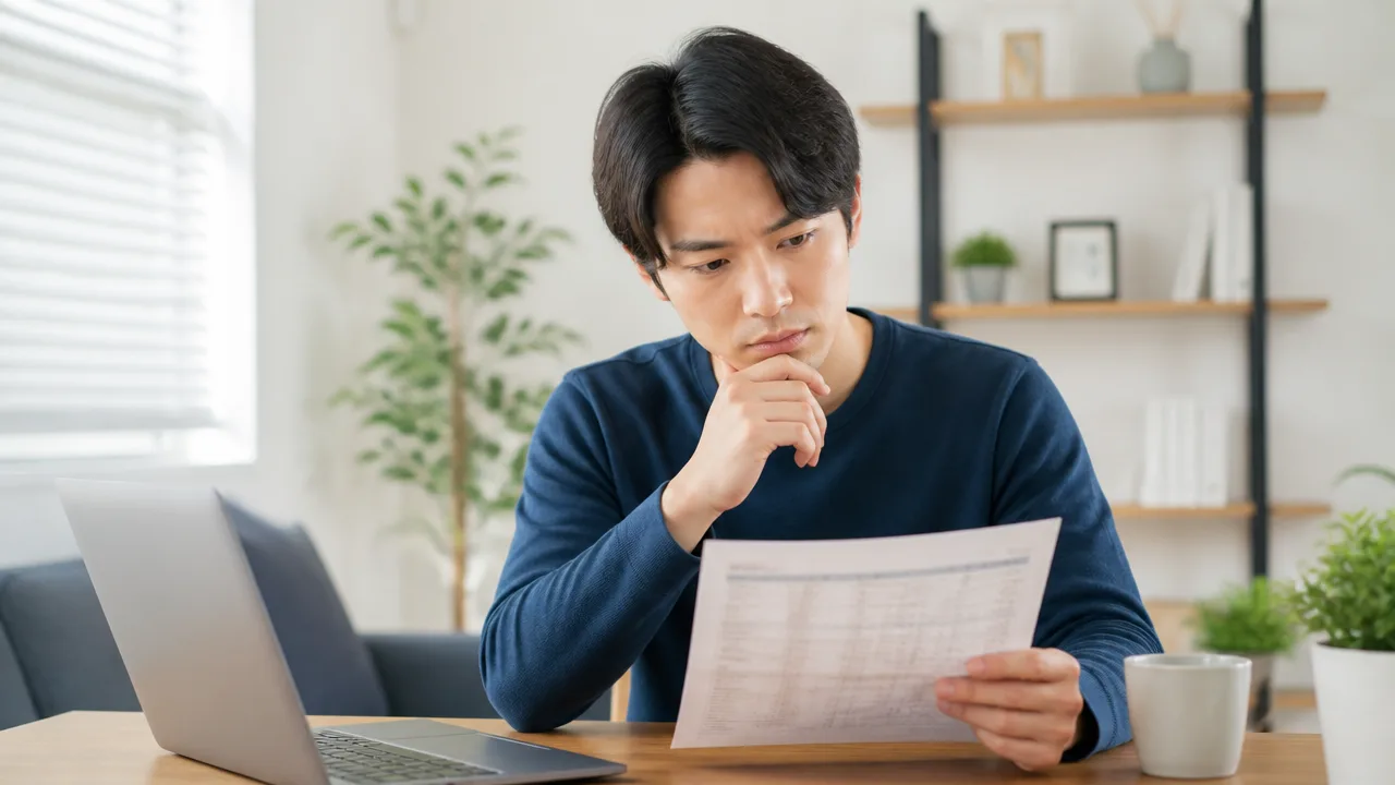 パソコンのそばで書類の内容を確認する人のイメージ