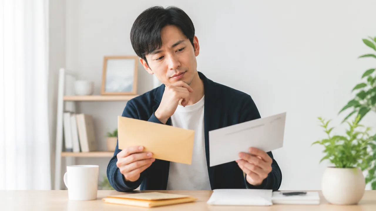 二つの封筒を手に取り、郵便の送り方を考える人