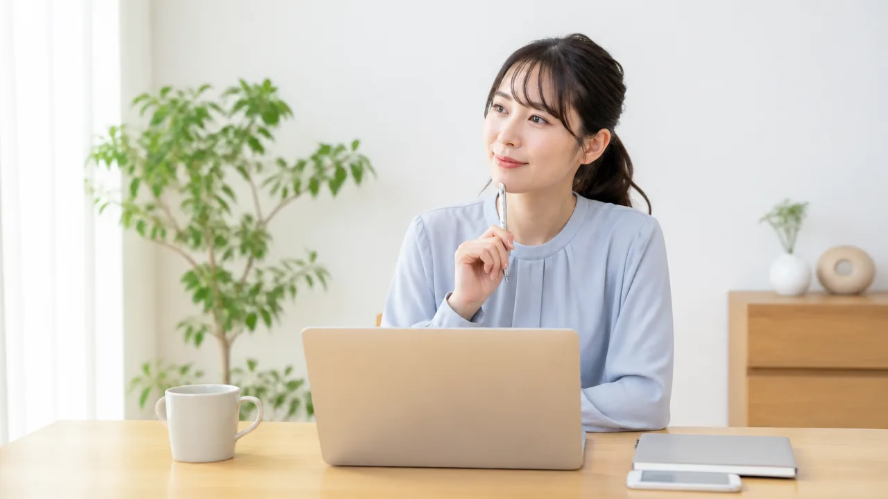 自宅のパソコンを前に仕事の進め方を考える人のイメージ