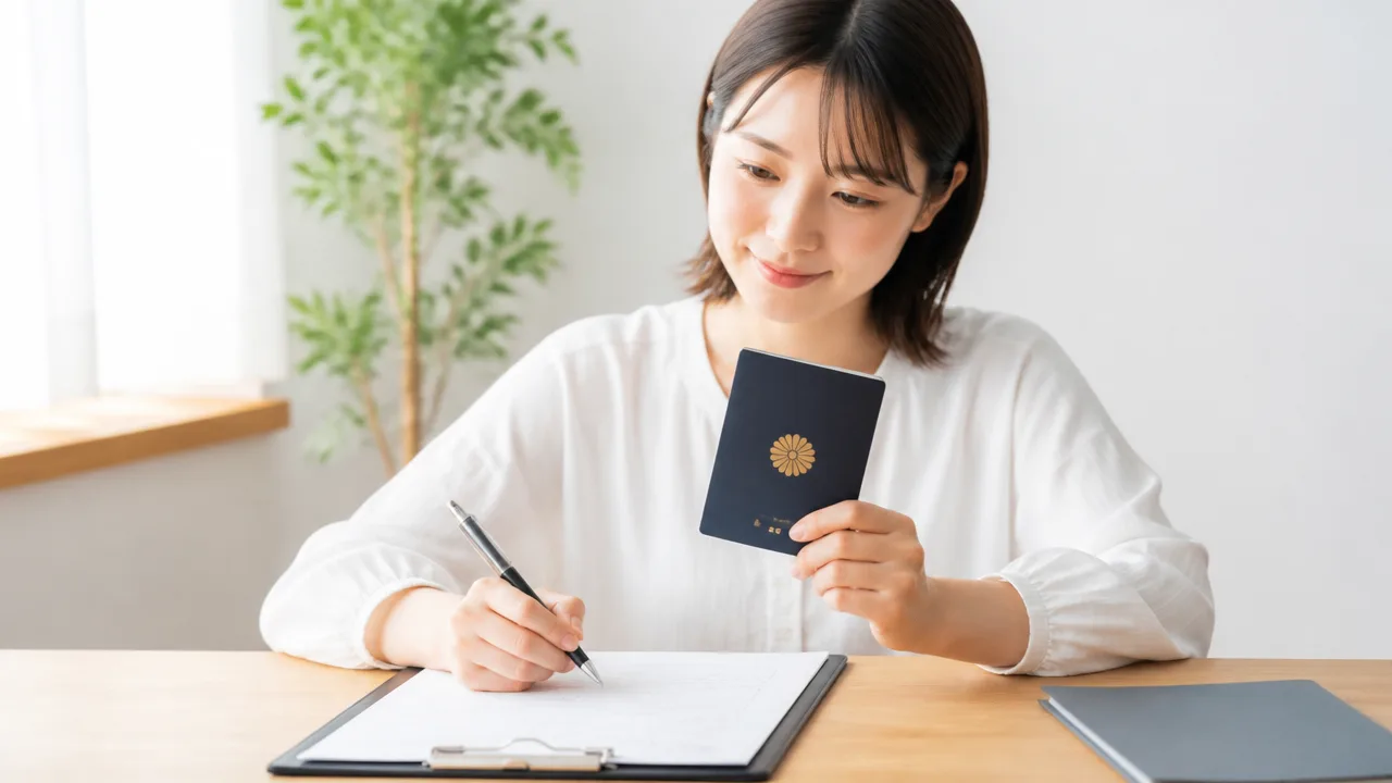 パスポートを手に申請書類を確認する人のイメージ