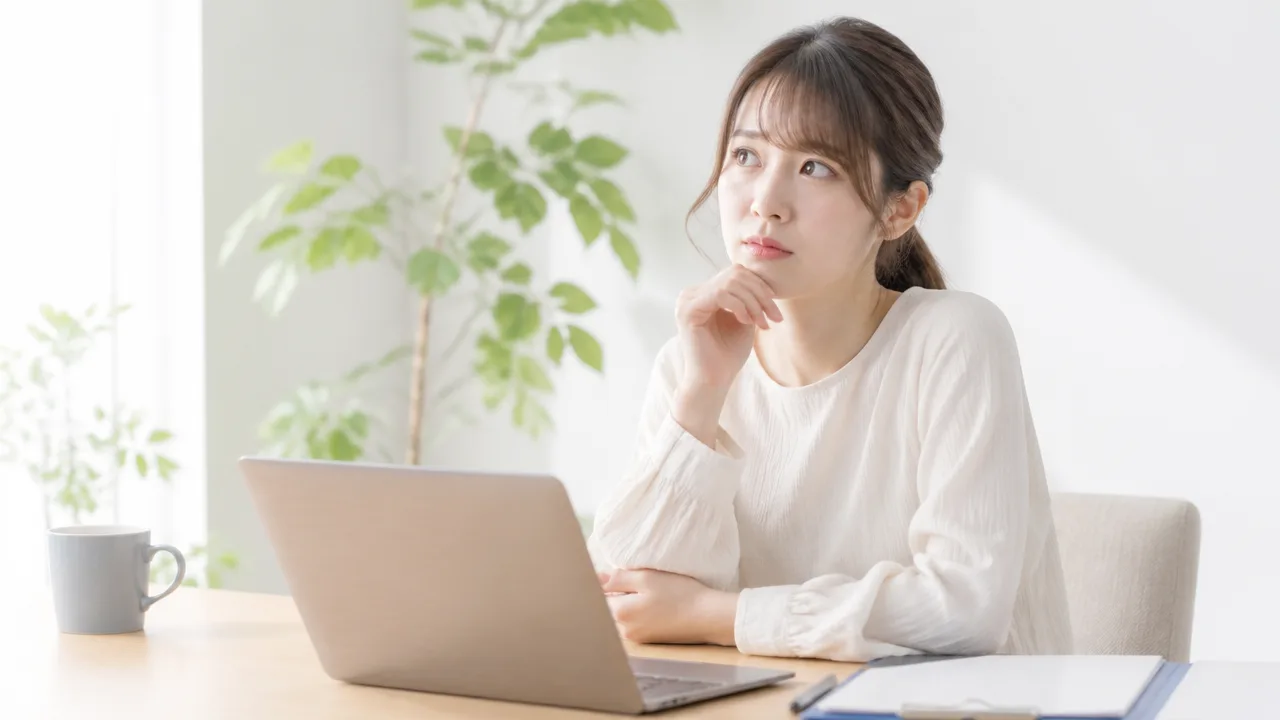 パソコンと書類を前に考える人のイメージ