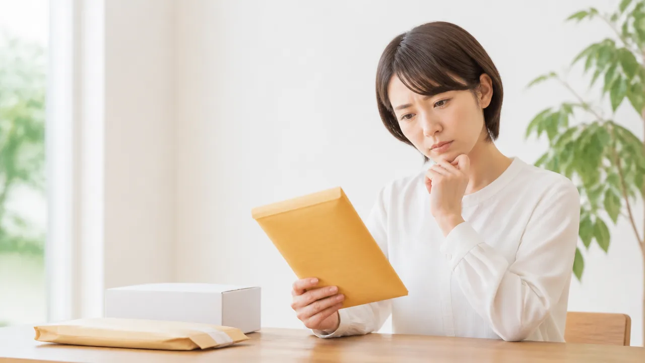 発送前の封筒を手に取り、宛先や内容を確認する人