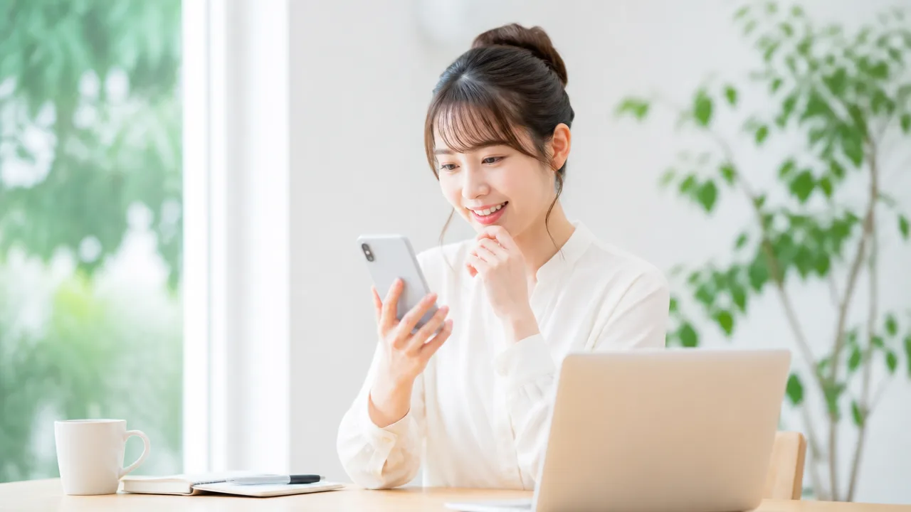 パソコンのそばでスマートフォンの連絡を確認する人のイメージ