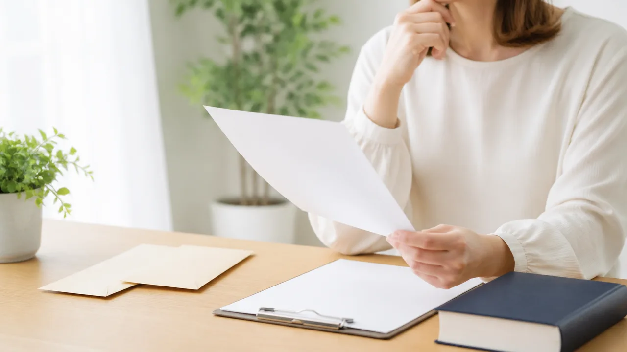 封筒と書類を机に置き、文書を確認する人のイメージ