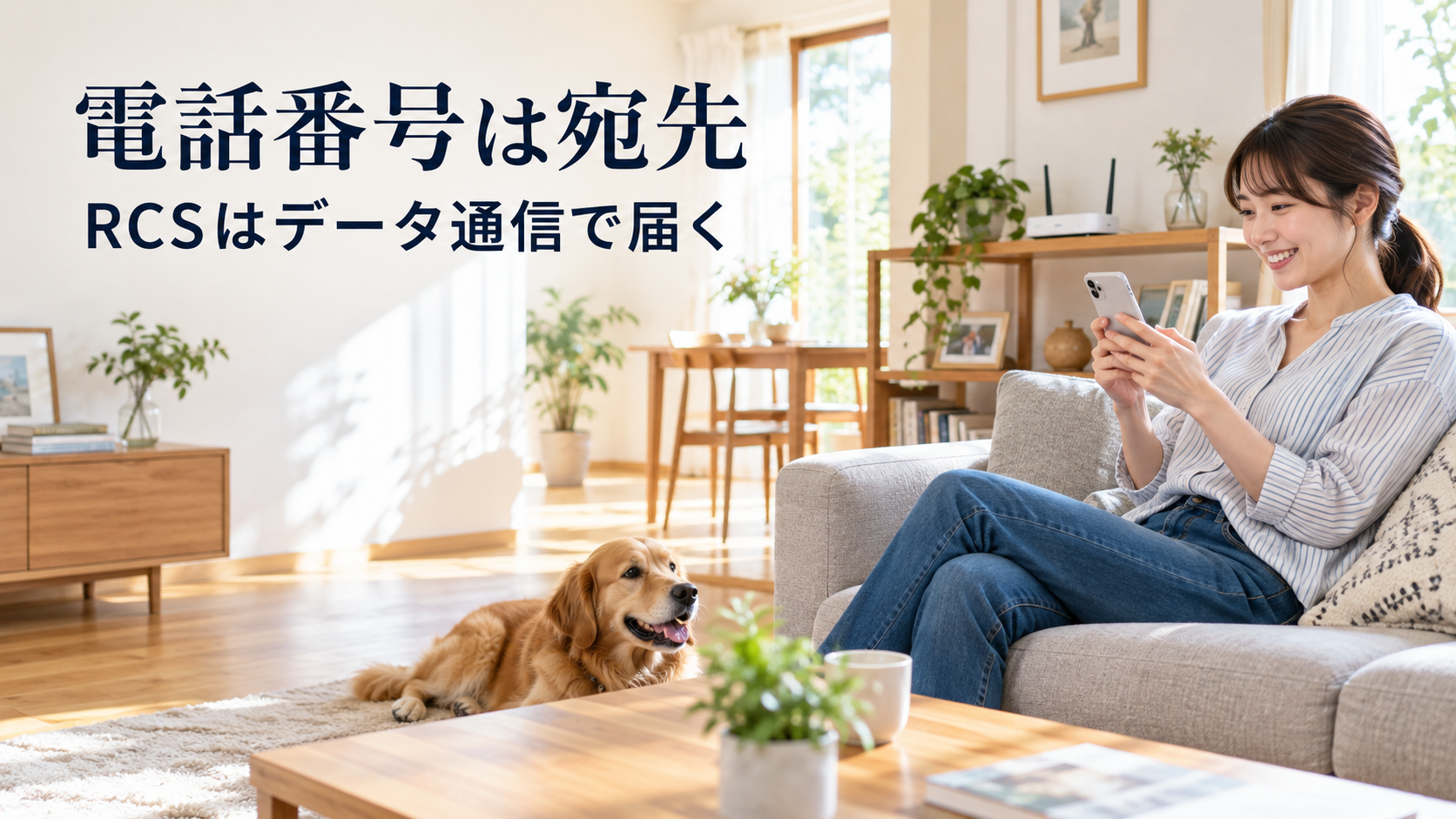 家庭のWi-Fi環境でスマートフォンを使う人。RCSがデータ通信を利用することを表すイメージ。