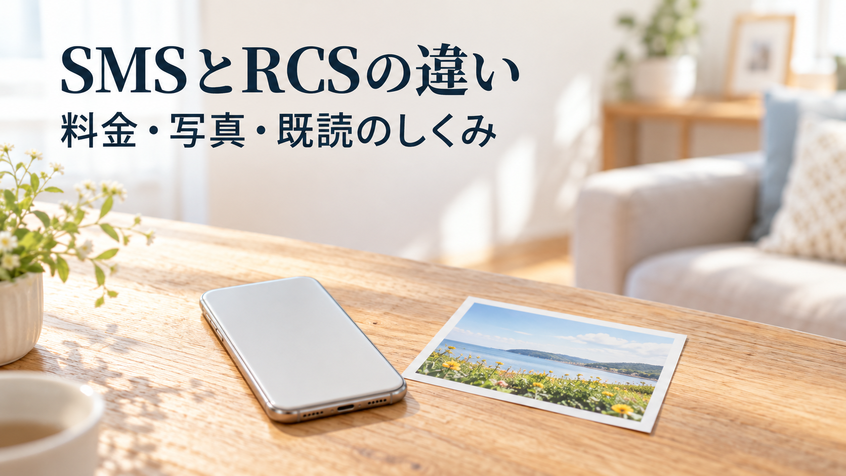 スマートフォンと写真を置いたテーブル。SMSとRCSの料金・写真・既読の違いを紹介するイメージ。