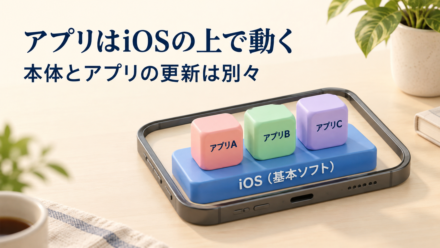 iOSという基本ソフトの土台の上で、個々のアプリが動く関係を表す説明図