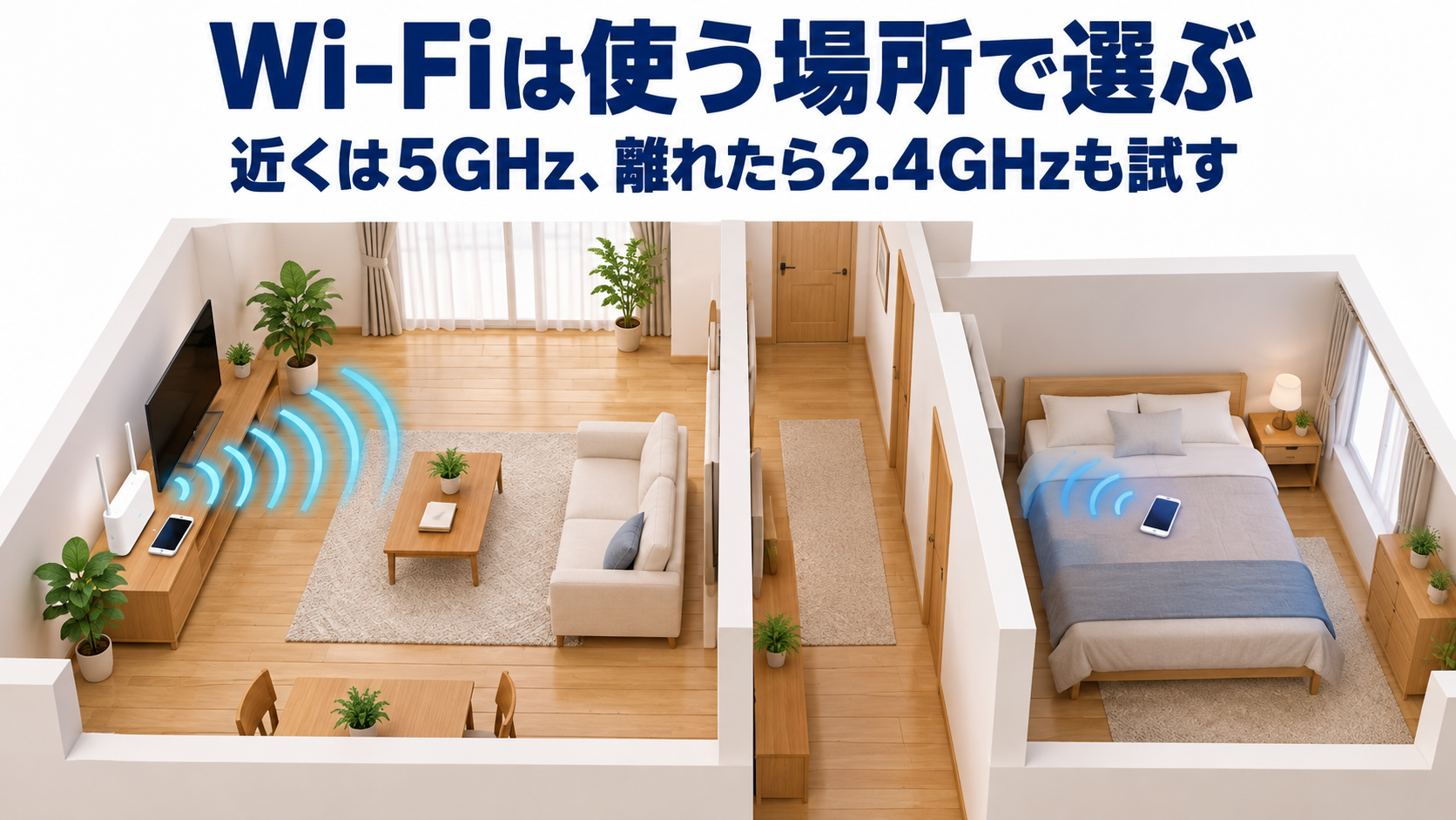 同じ家のルーター近くのリビングと、壁を隔てた寝室でWi-Fiを使う場所を比べる模型