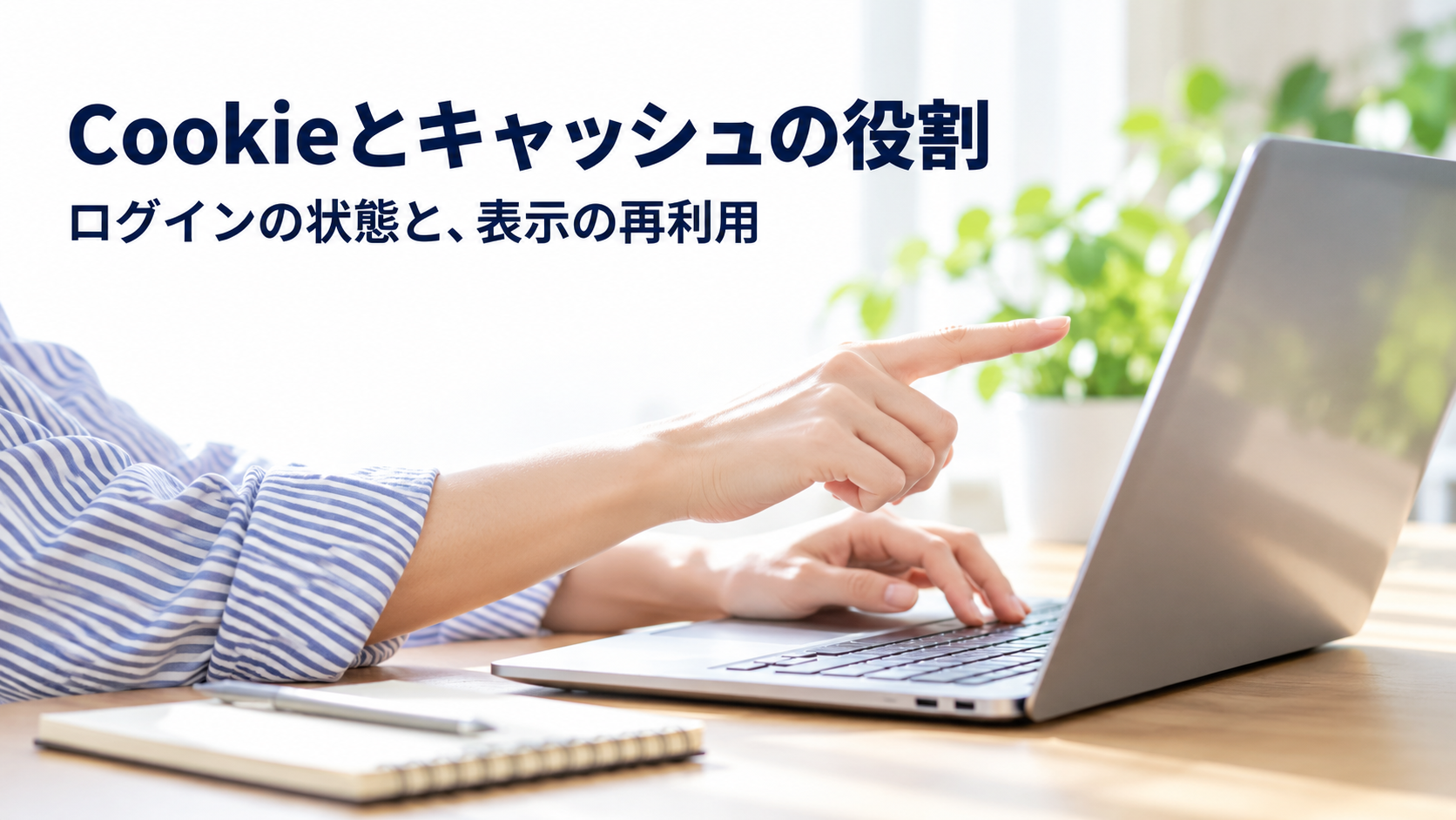 パソコンの画面を指して、Cookieの状態保持とキャッシュの表示再利用を考える手元