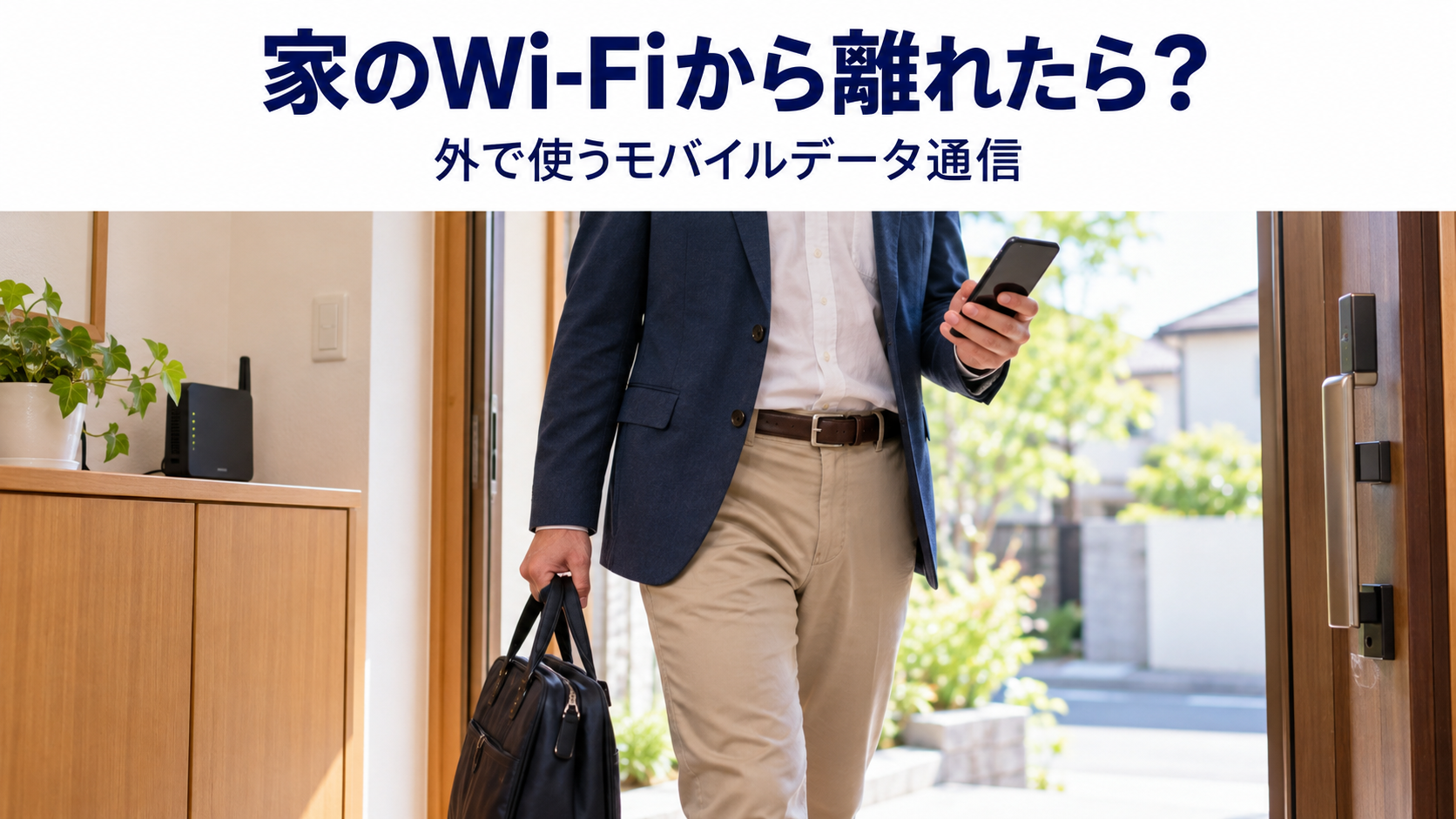 自宅の玄関でスマホとバッグを持って外出する人と、室内に置かれたWi-Fiルーター