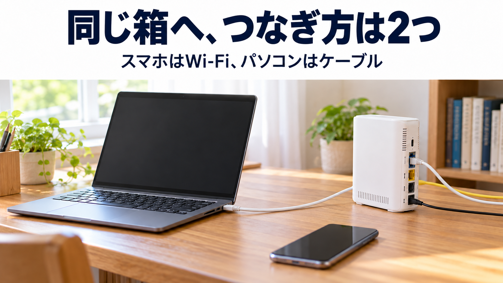 家庭の机に置いたスマホと、LANケーブルを接続したパソコン、Wi-Fiルーターのイメージ