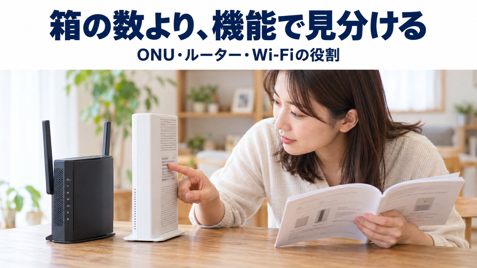 通信機器の側面ラベルを指し、説明書と照合している人のイメージ
