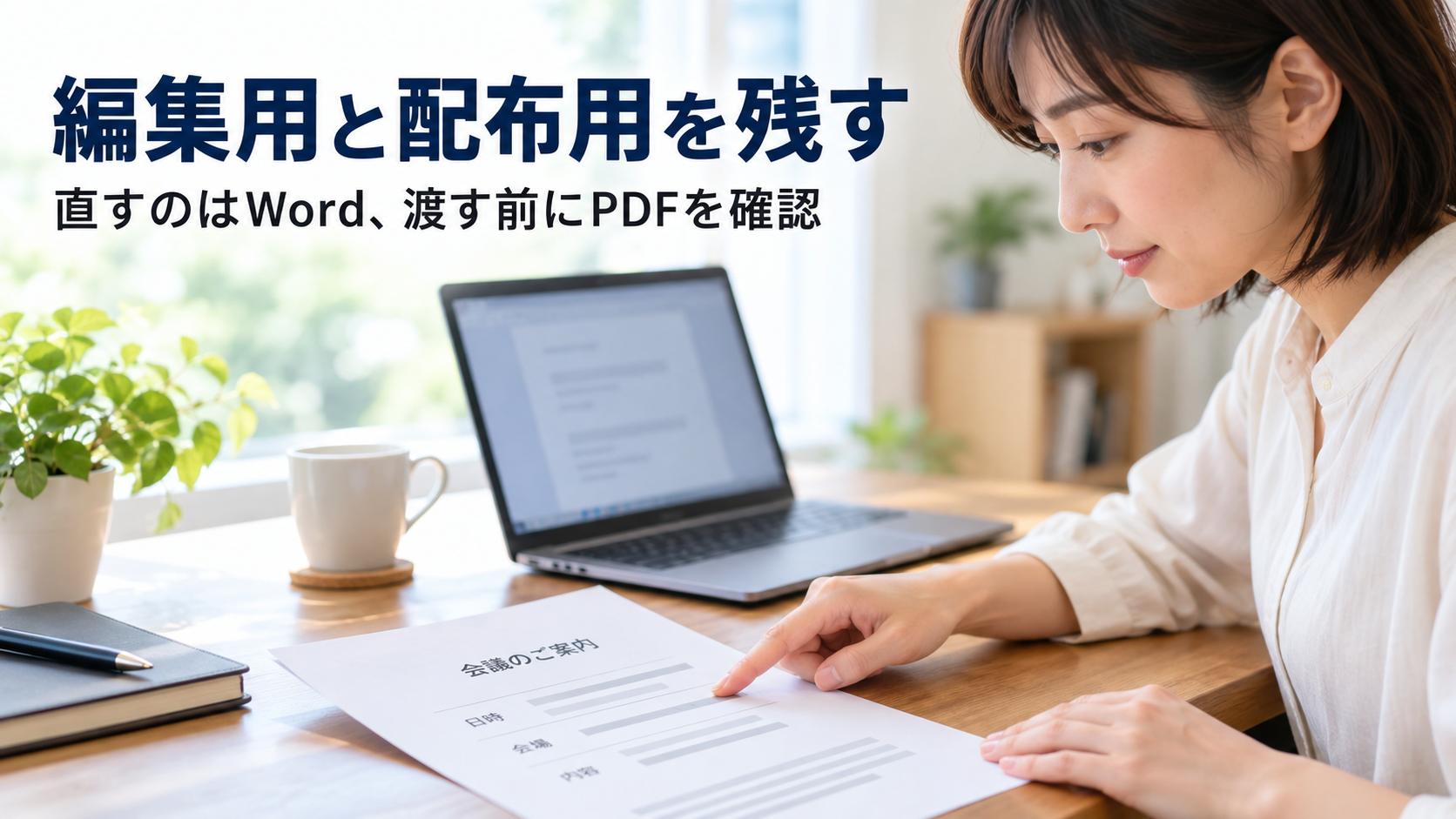 ノートパソコンの横に置いた会議案内の印刷物を、指で確認する人のイメージ
