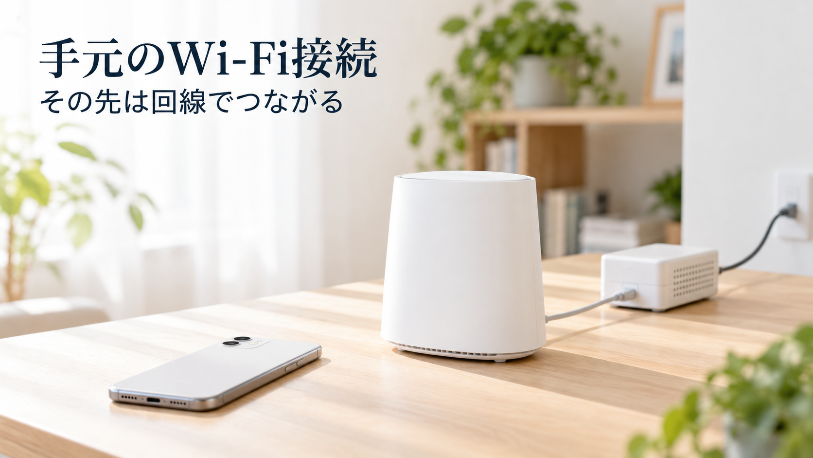 明るい室内にスマホ、Wi-Fiルーター、回線用機器を並べた説明用イメージ