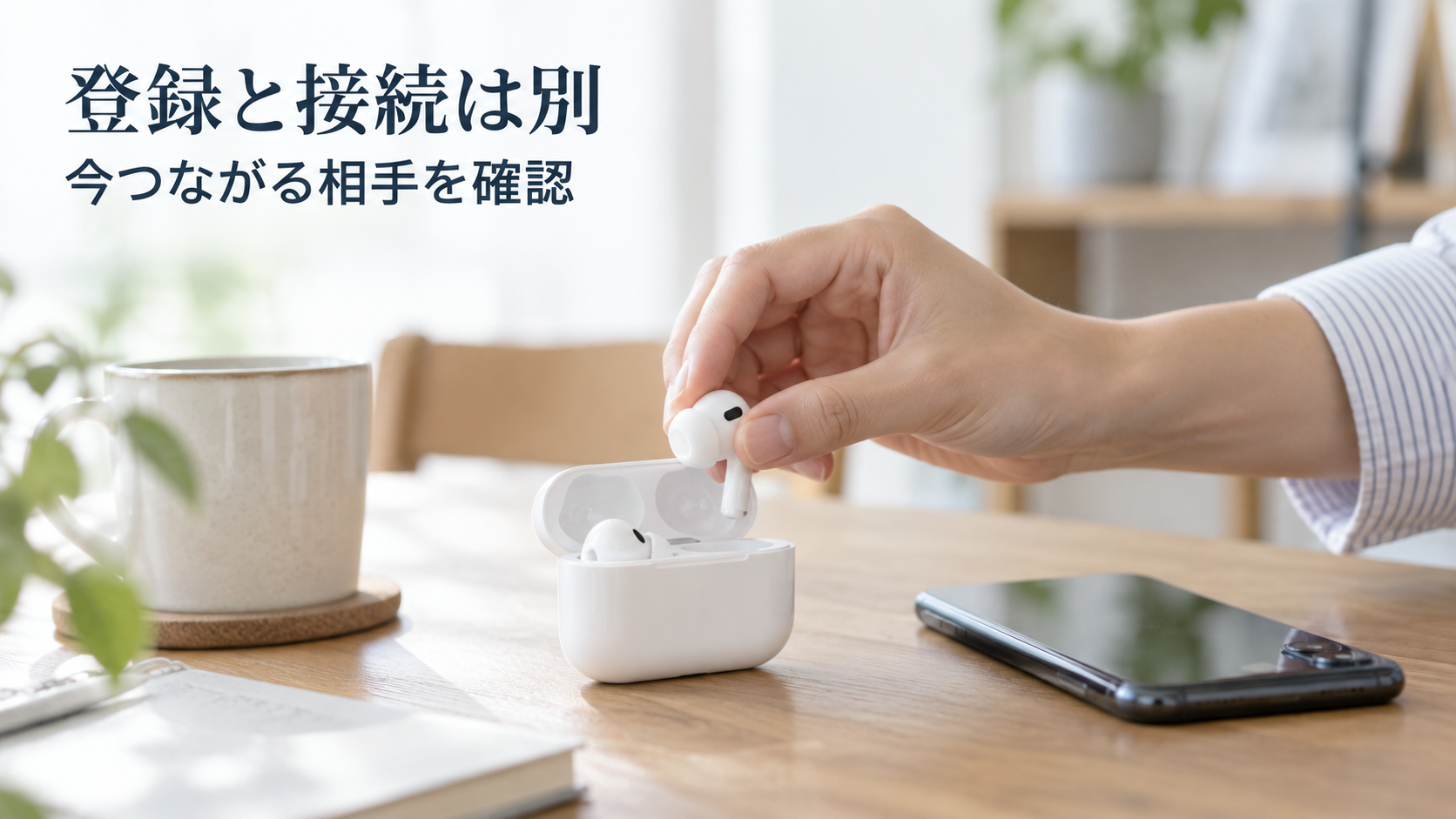 開いたイヤホンケースとスマホを前に、イヤホンを取り出す場面の説明用イメージ